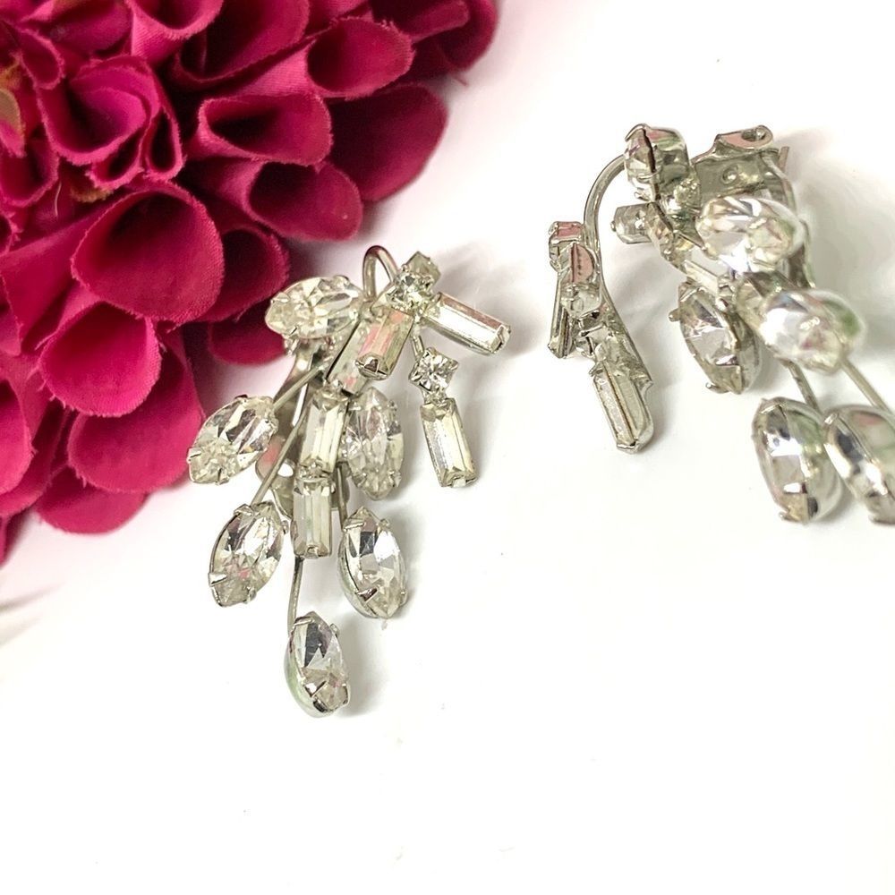 VINTAGE⚜️ART DECO Baguette Crystal Brooch & Clip Earrings Set - Picture 7 of 10